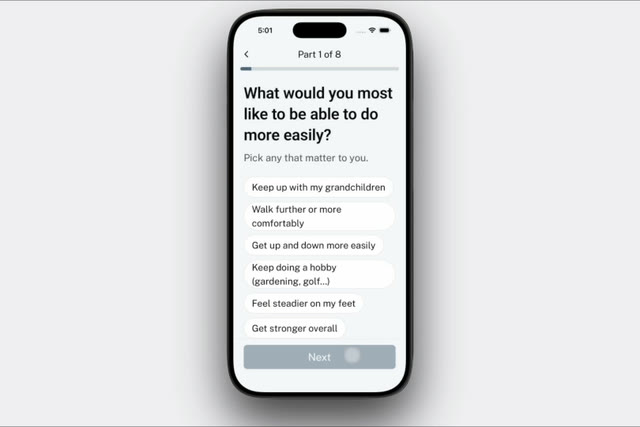 The TogetherWON app on a phone, asking what the person would most like to be able to do more easily