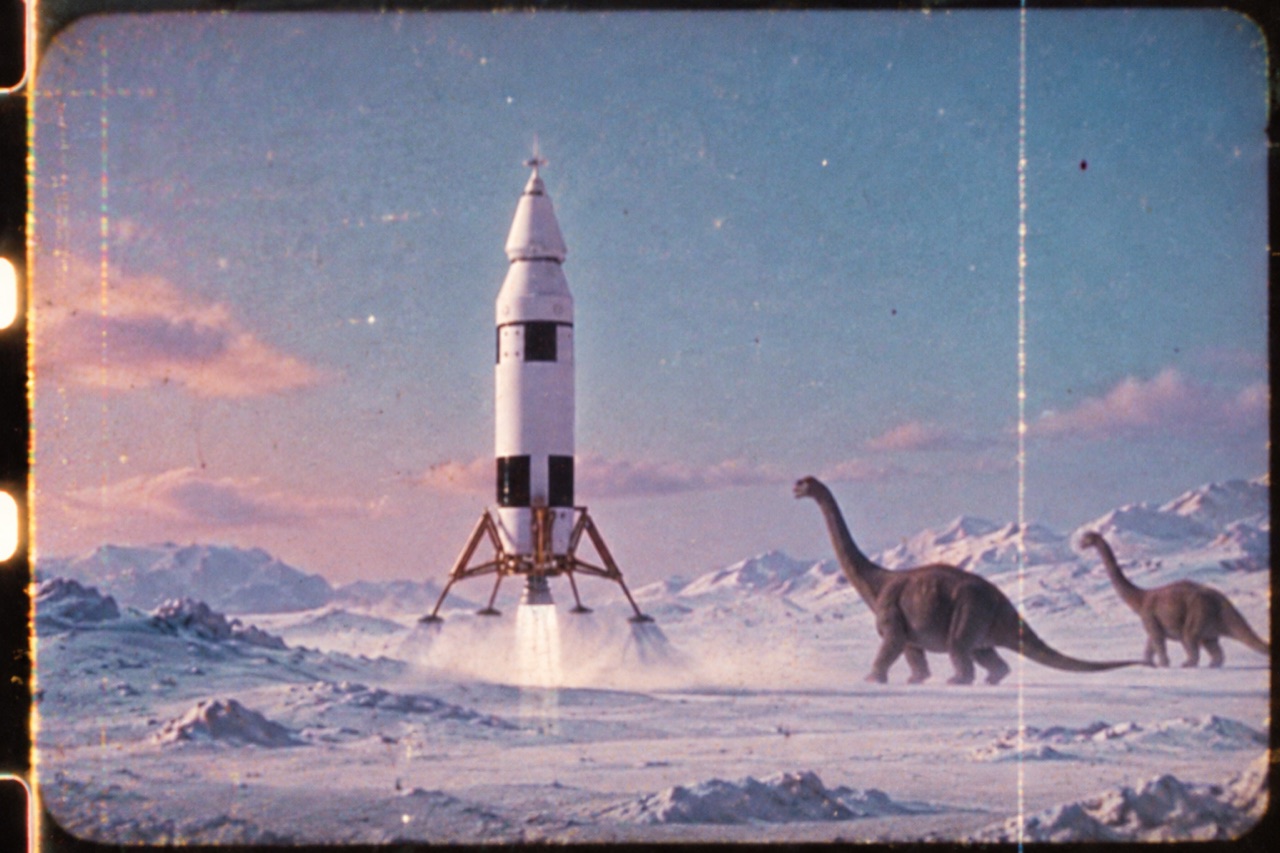 A rocket lands on a dusty plain while two long-necked dinosaurs walk past, in the style of an old film still.